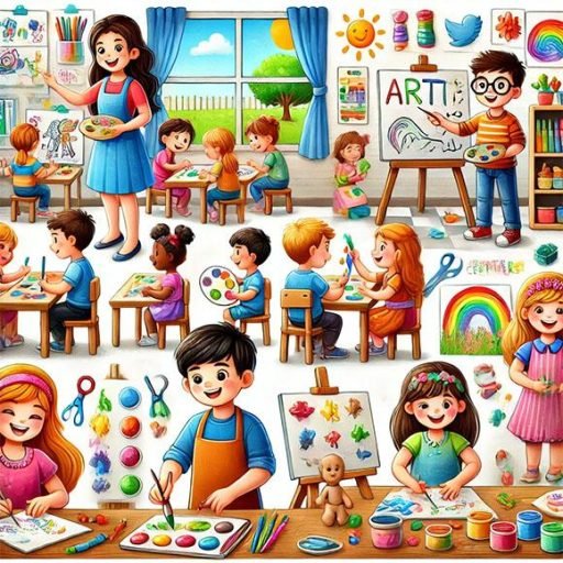 DALL·E 2024-11-25 10.55.55 - A vibrant and colorful illustration of children engaging in various art activities in a classroom. The scene includes kids drawing on paper with crayo